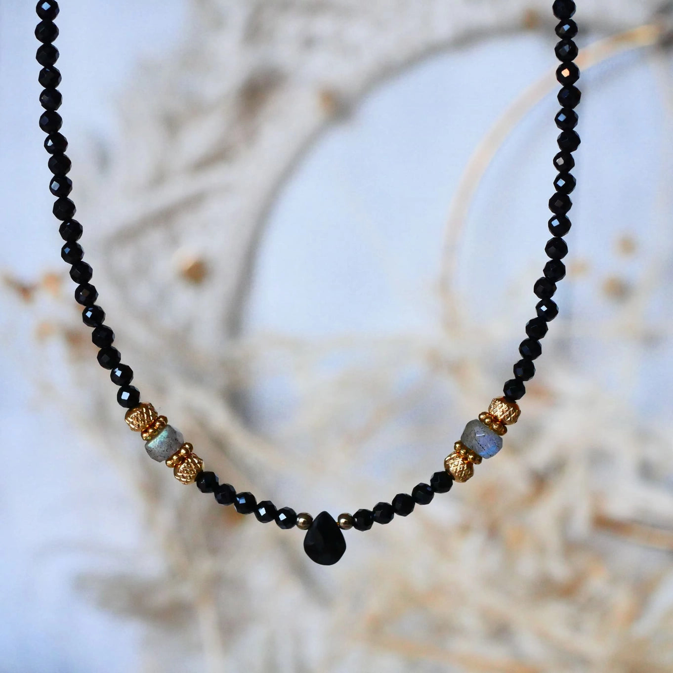 Kala Raksha Necklace - Black Spinel Onyx Labradorite