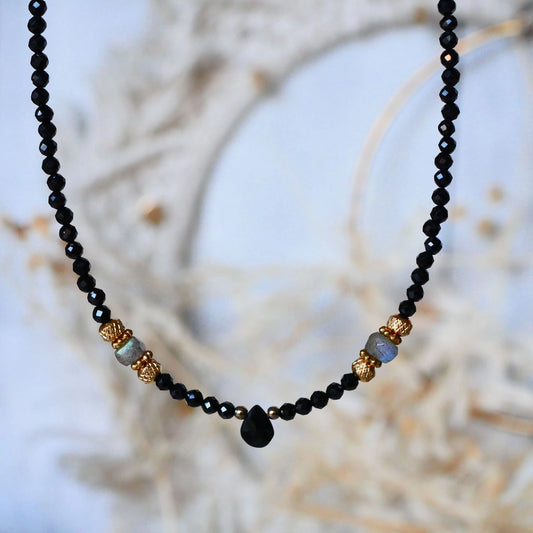 Kala Raksha Necklace - Black Spinel Onyx Labradorite