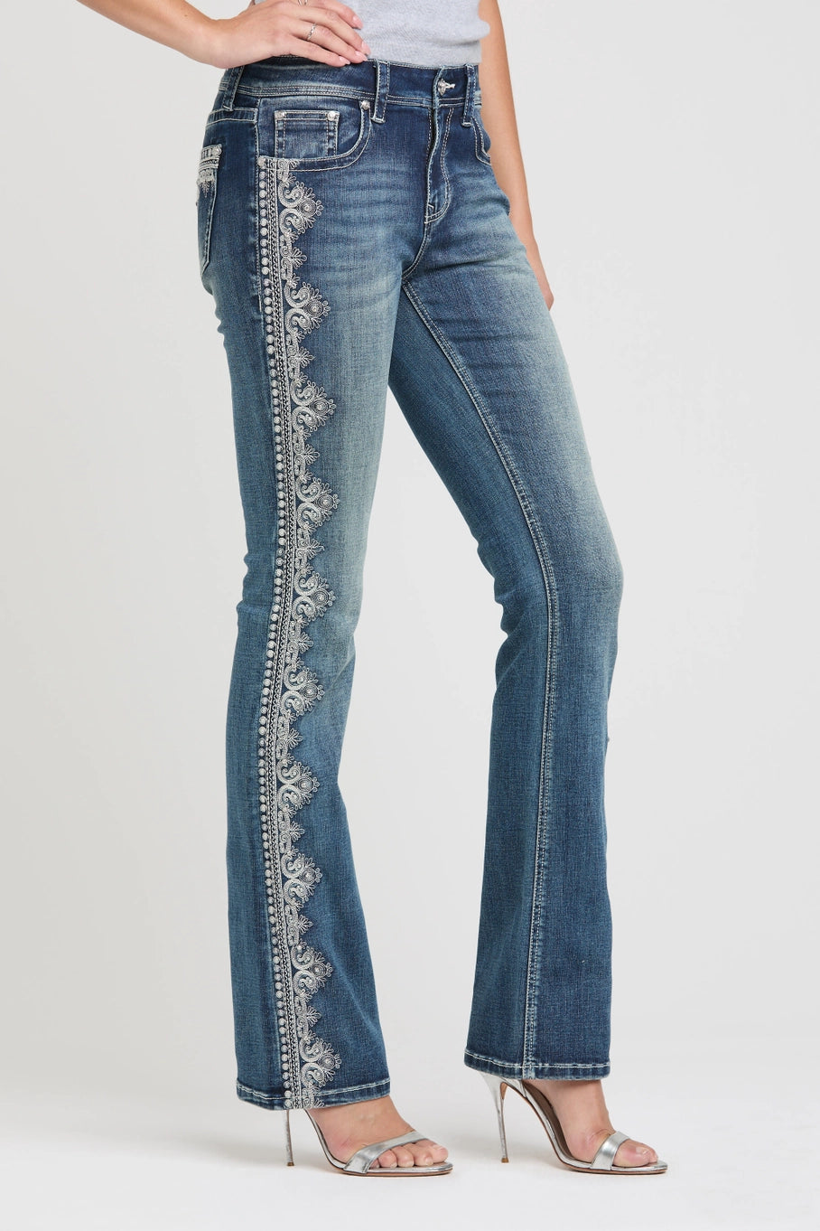 Grace in LA Side Embroidery Mid Rise Boot Cut Jeans 30"