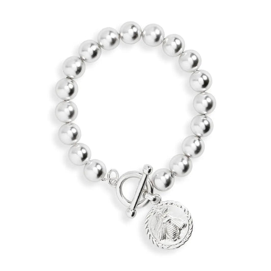 Beaded Chain Bracelet with Bee Charm Dangle - Silver