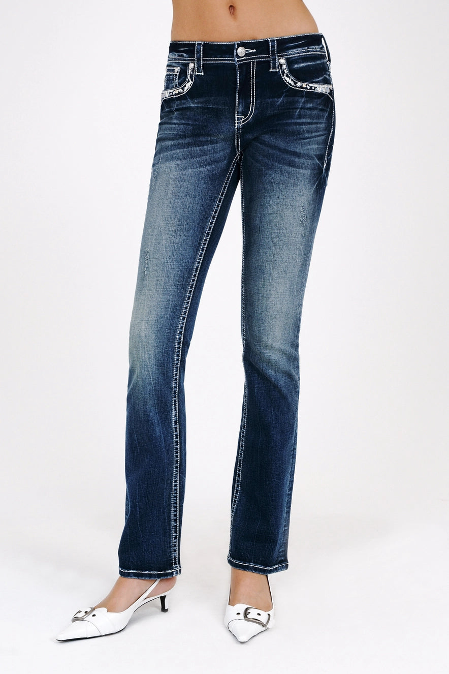 Grace In LA Heavy Stitch Embroidery Mid-Rise Boot Cut Jeans 30"