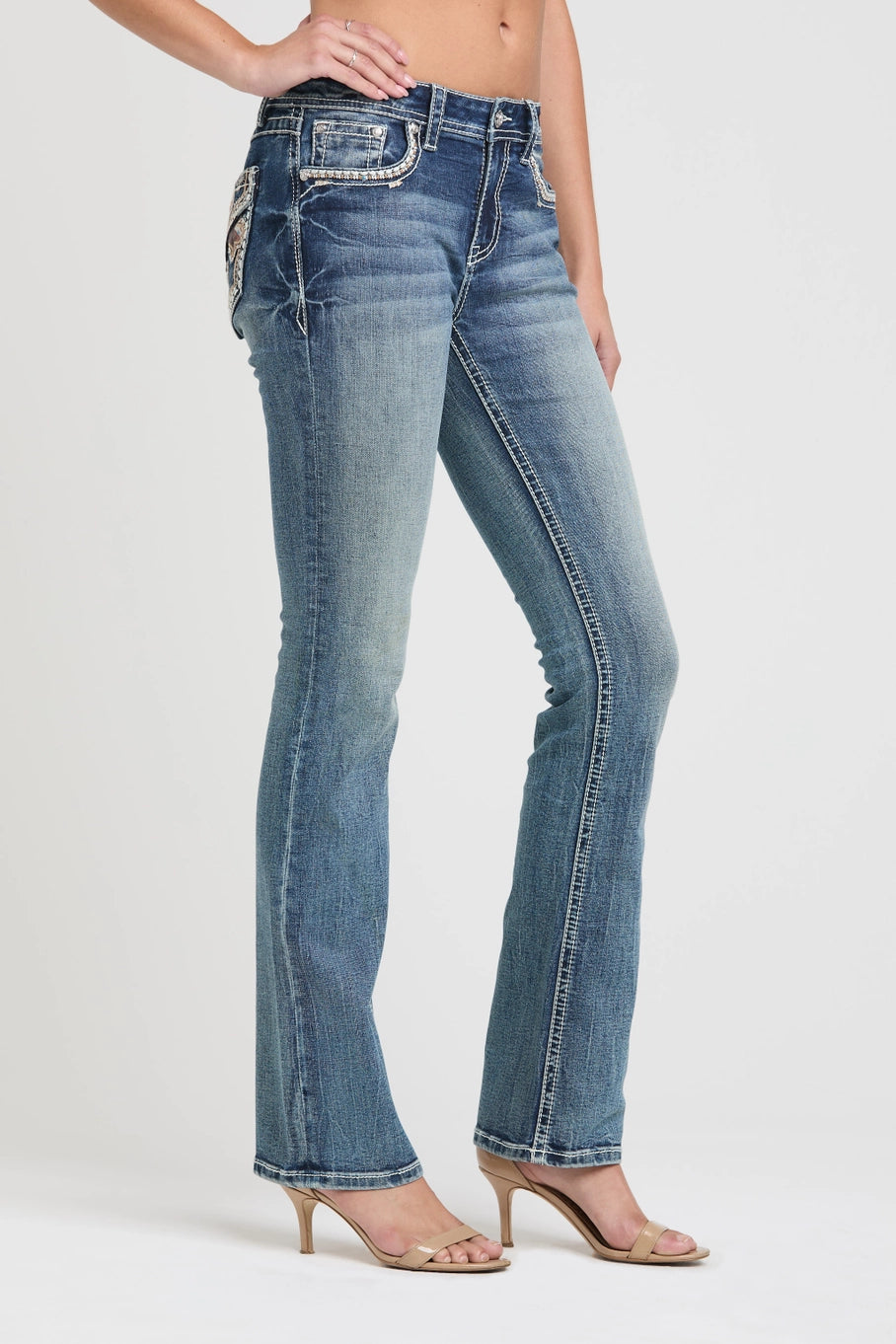Cross/Horse Hide Detail Mid-Rise Boot Cut Jeans 34"