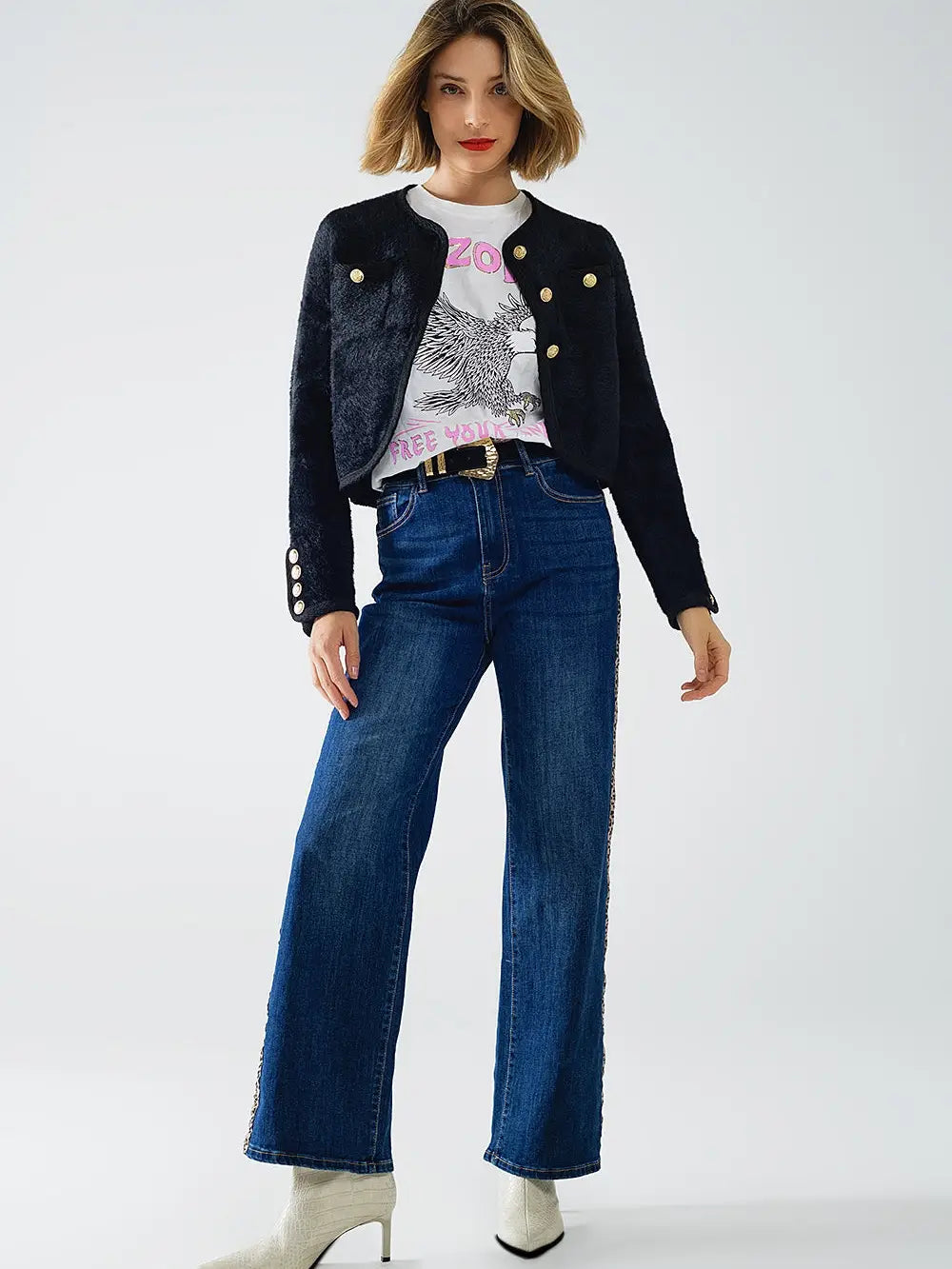 Wide Leg Jeans with Leopard Stripe On Side