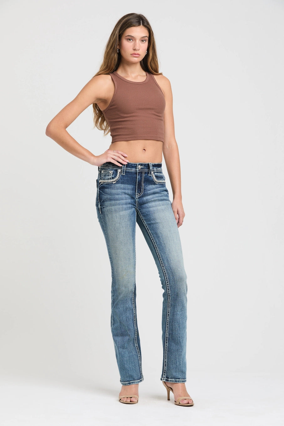 Cross/Horse Hide Detail Mid-Rise Boot Cut Jeans 34"
