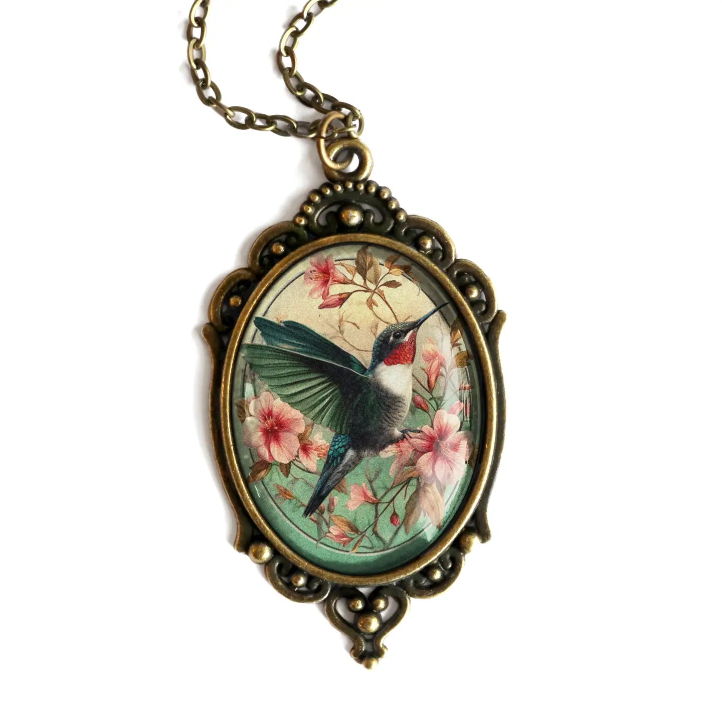 Hummingbird Art Nouveau Ornate Oval Pendant