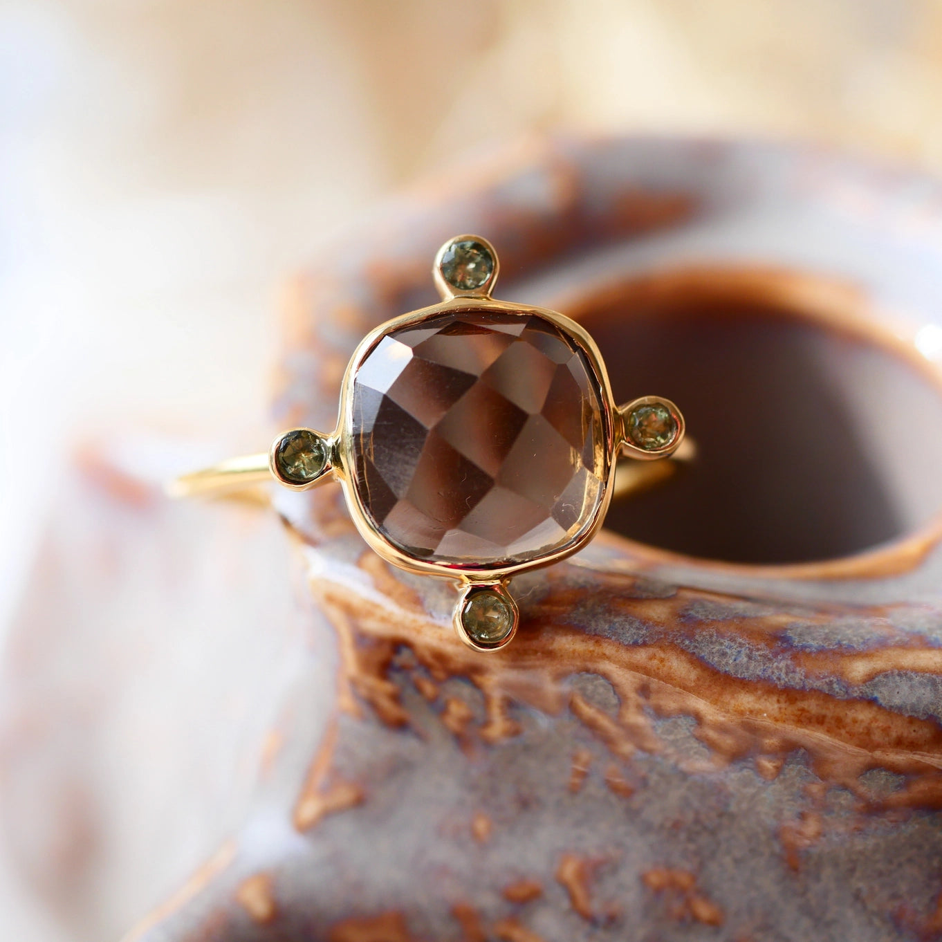 Sanyog Adjustable Ring - Smoky Quartz and Peridot
