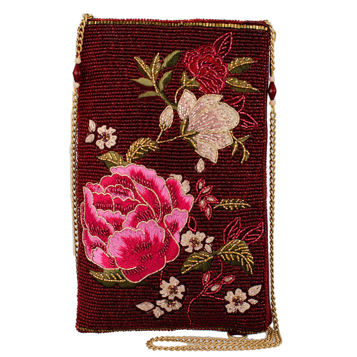 Eastern Bloom Burgundy Floral Hand-Beaded Crossbody Bag
