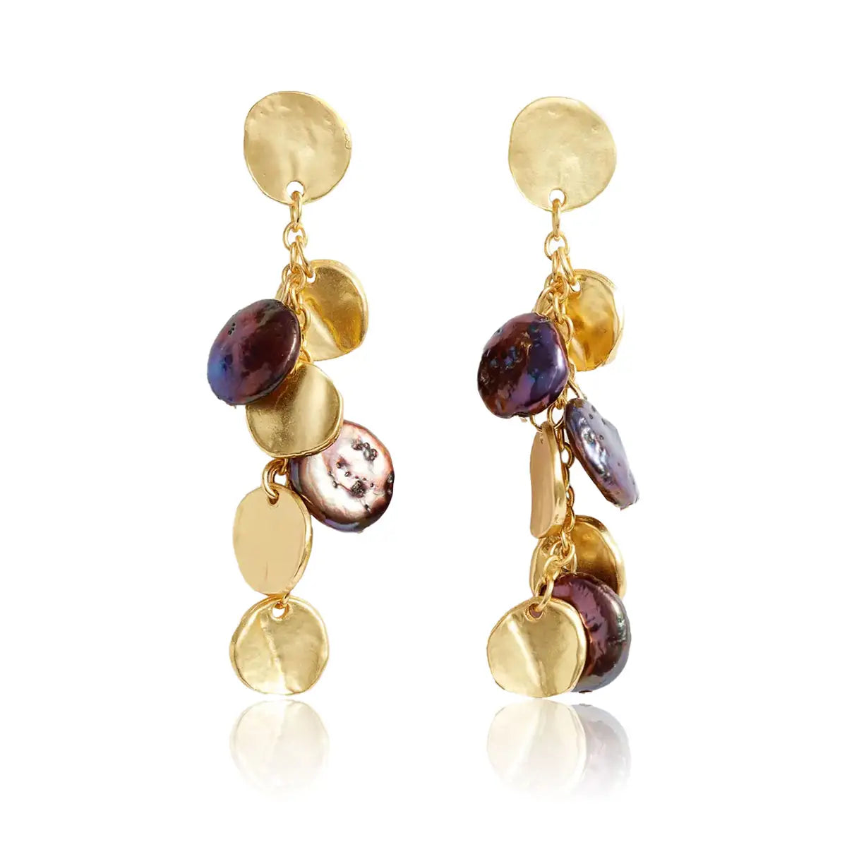 Elegant Coin & Black Pearl Chandelier Earrings - Gold