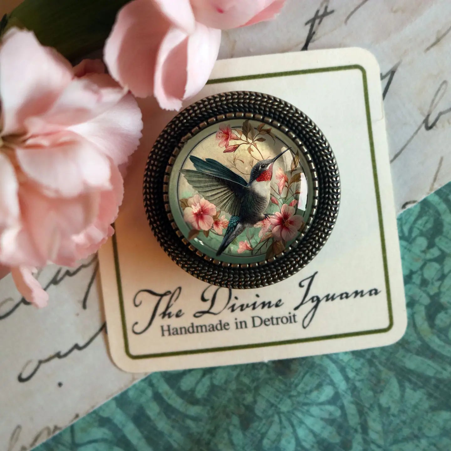 Hummingbird Art Nouveau Glass Cabochon Brooch