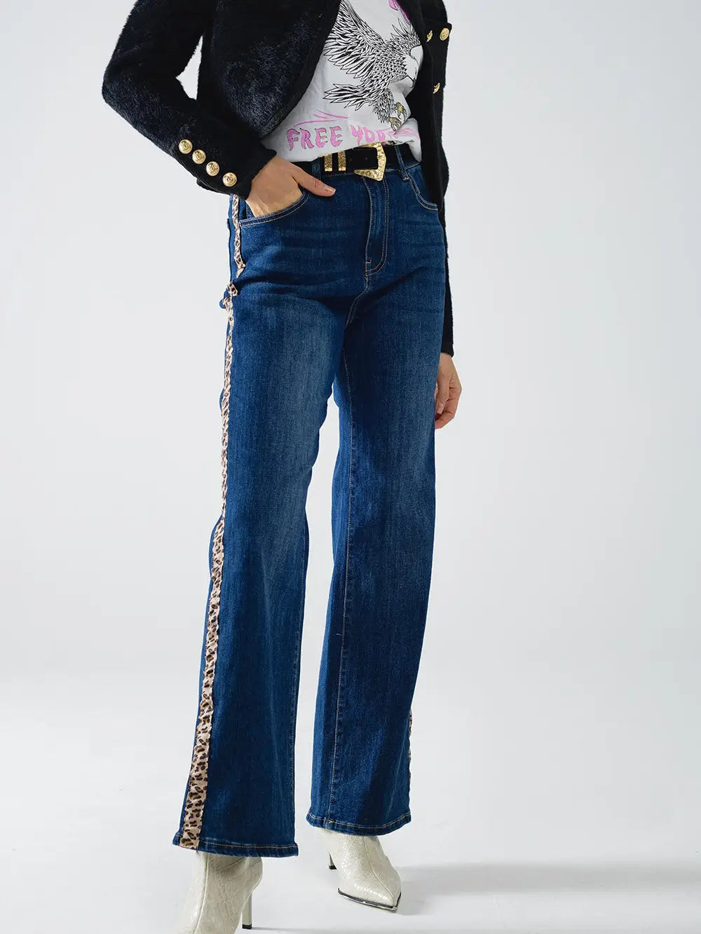 Wide Leg Jeans with Leopard Stripe On Side