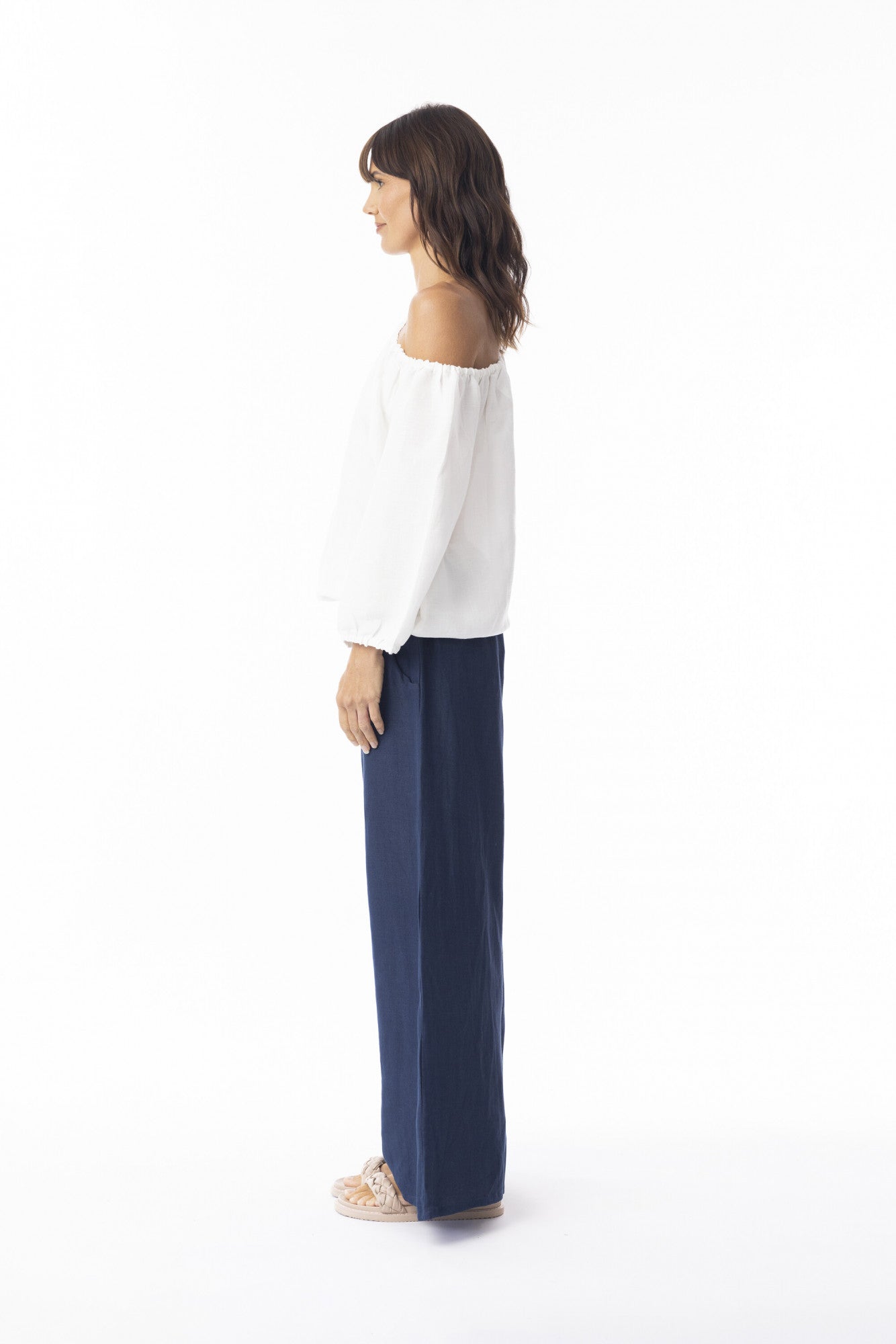 Linen Solid Pant Wide Leg - Navy