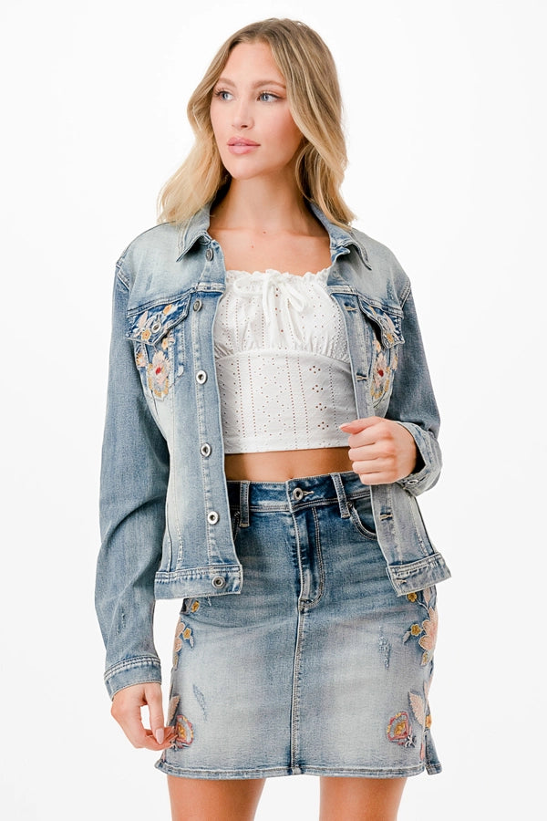 Flower Power Embroidery Detail Denim Jacket