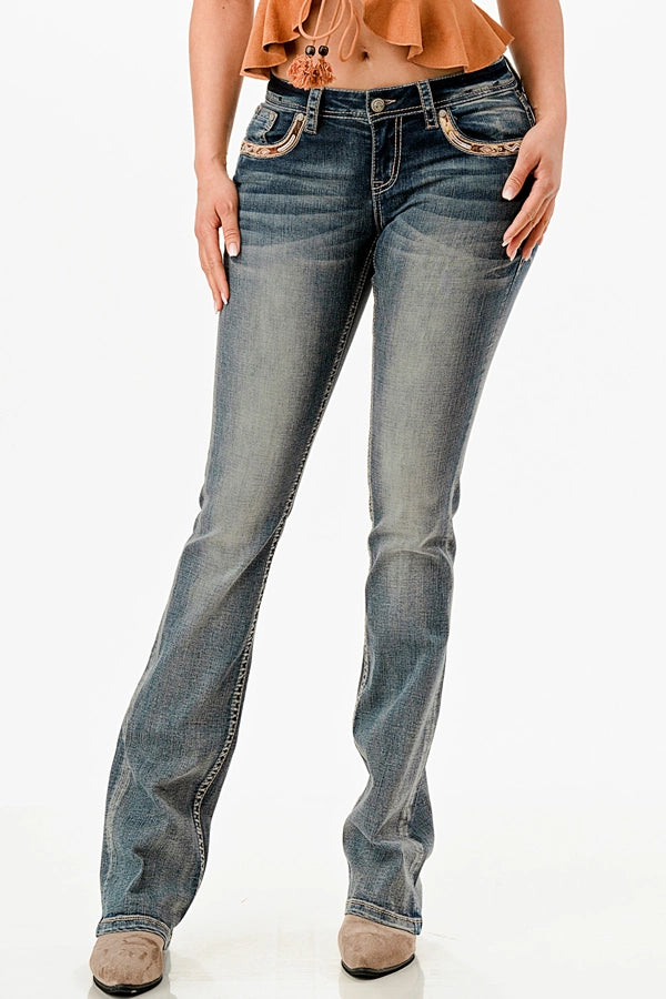 Grace In LA Horse Hide Faux Pocket Mid-Rise Boot Cut 32"