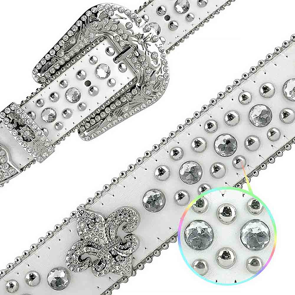 White Fleur De Lys with Studs and White Stones Studded Rhinestones Belt