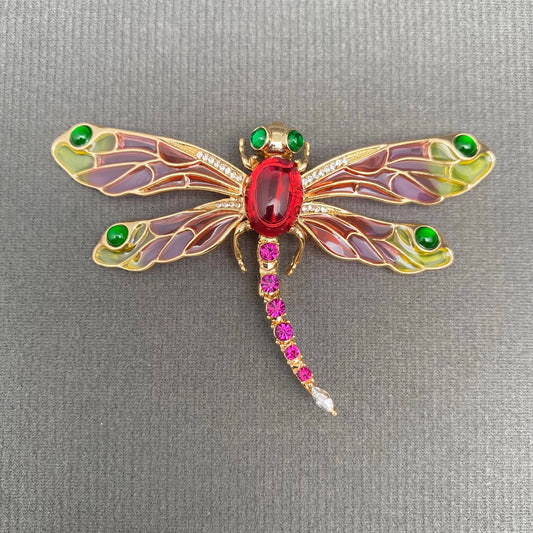 Rhinestone Enamel Dragonfly Brooch - Red