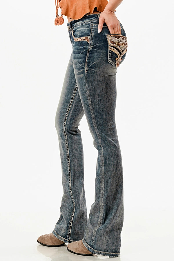 Grace In LA Horse Hide Faux Pocket Mid-Rise Boot Cut 32"
