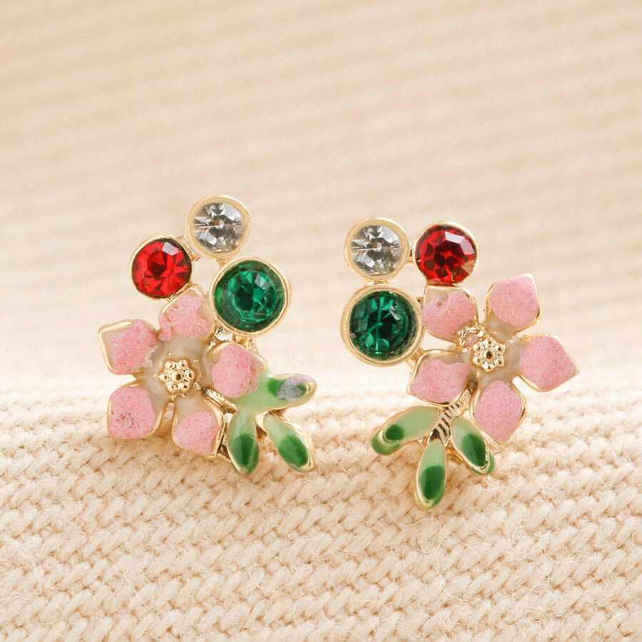 Crystal and Enamel Flower Stud Earrings in Gold