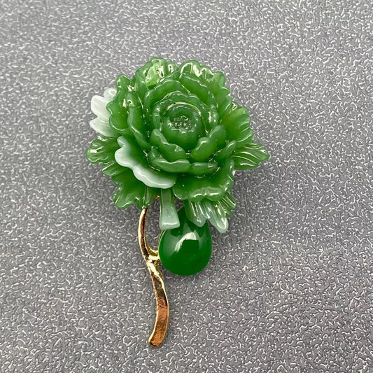 Green Resin Peony Flower Brooch