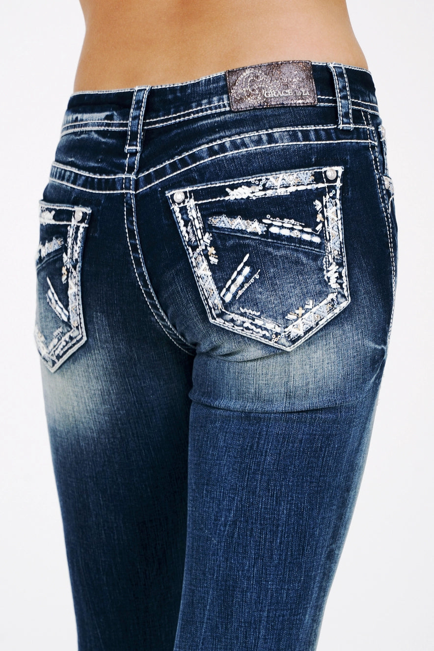 Grace In LA Heavy Stitch Embroidery Mid-Rise Boot Cut Jeans 30"