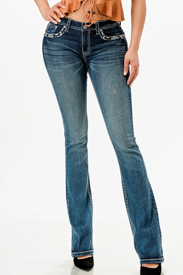 Silver Steer Head Mid-Rise Boot Cut Jeans 34"