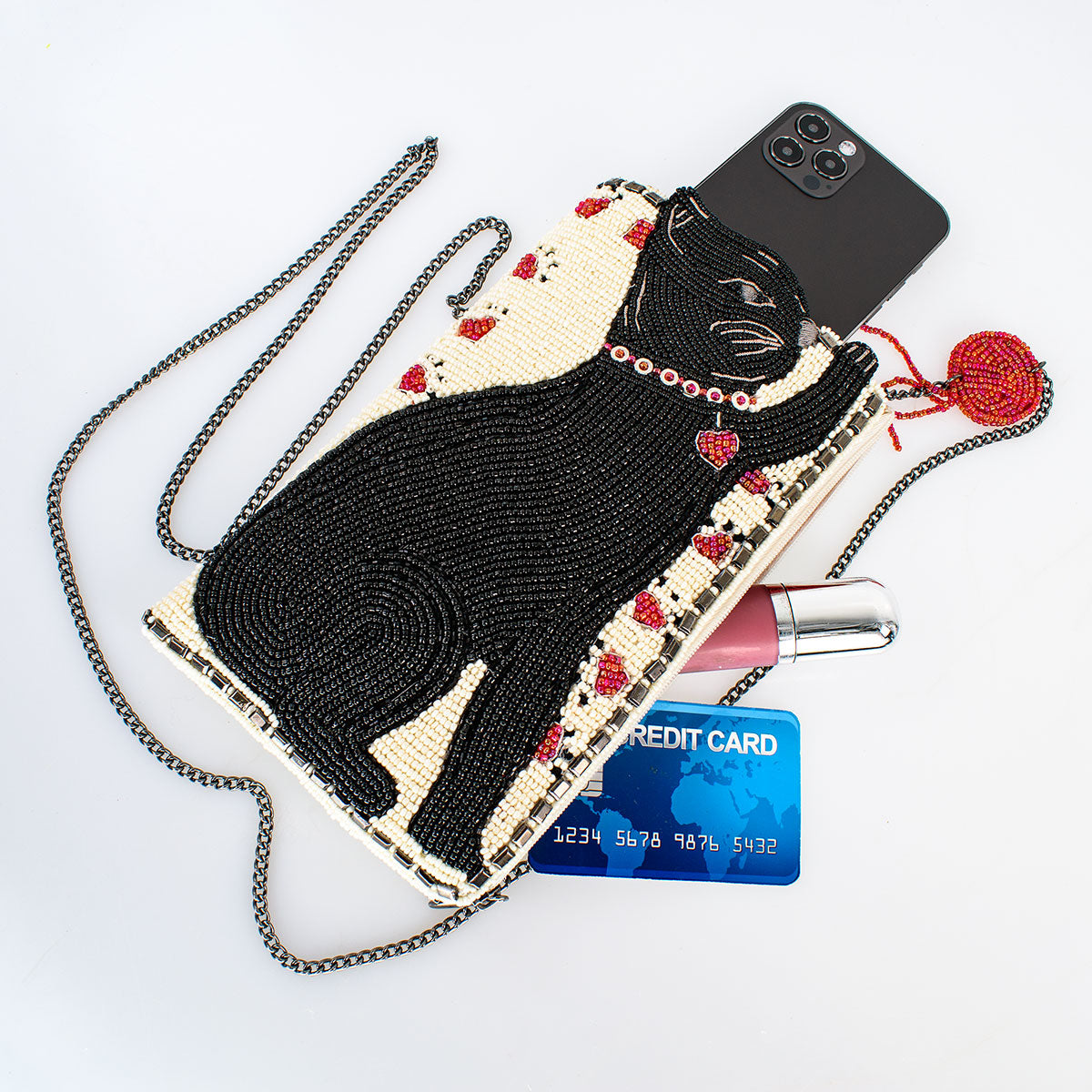 Purr-Suit Kitty Cat and Yarn Hand-Beaded Crossbody Bag