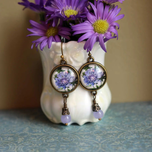 Purple Aster Flower Cottage Core Earrings with Bead