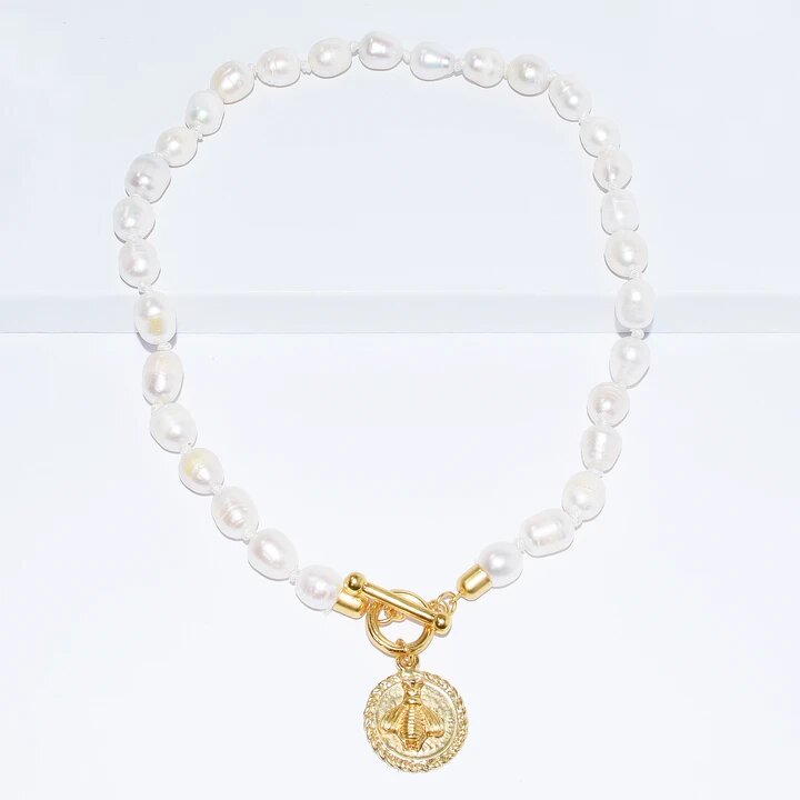 Water Pearl Necklace with Bee Charm Pendant