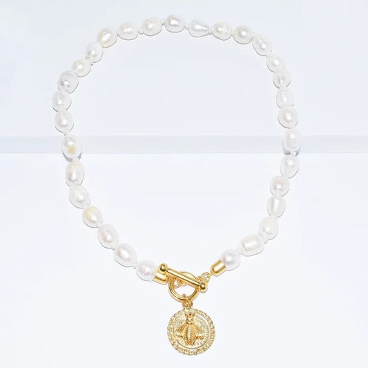 Water Pearl Necklace with Bee Charm Pendant