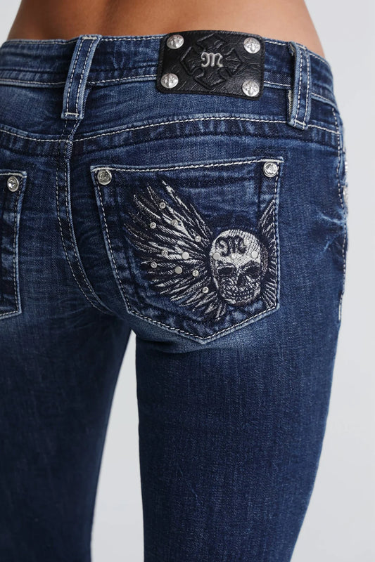 Miss Me Skull Sparkle Low Rise Bootcut Jeans 32"