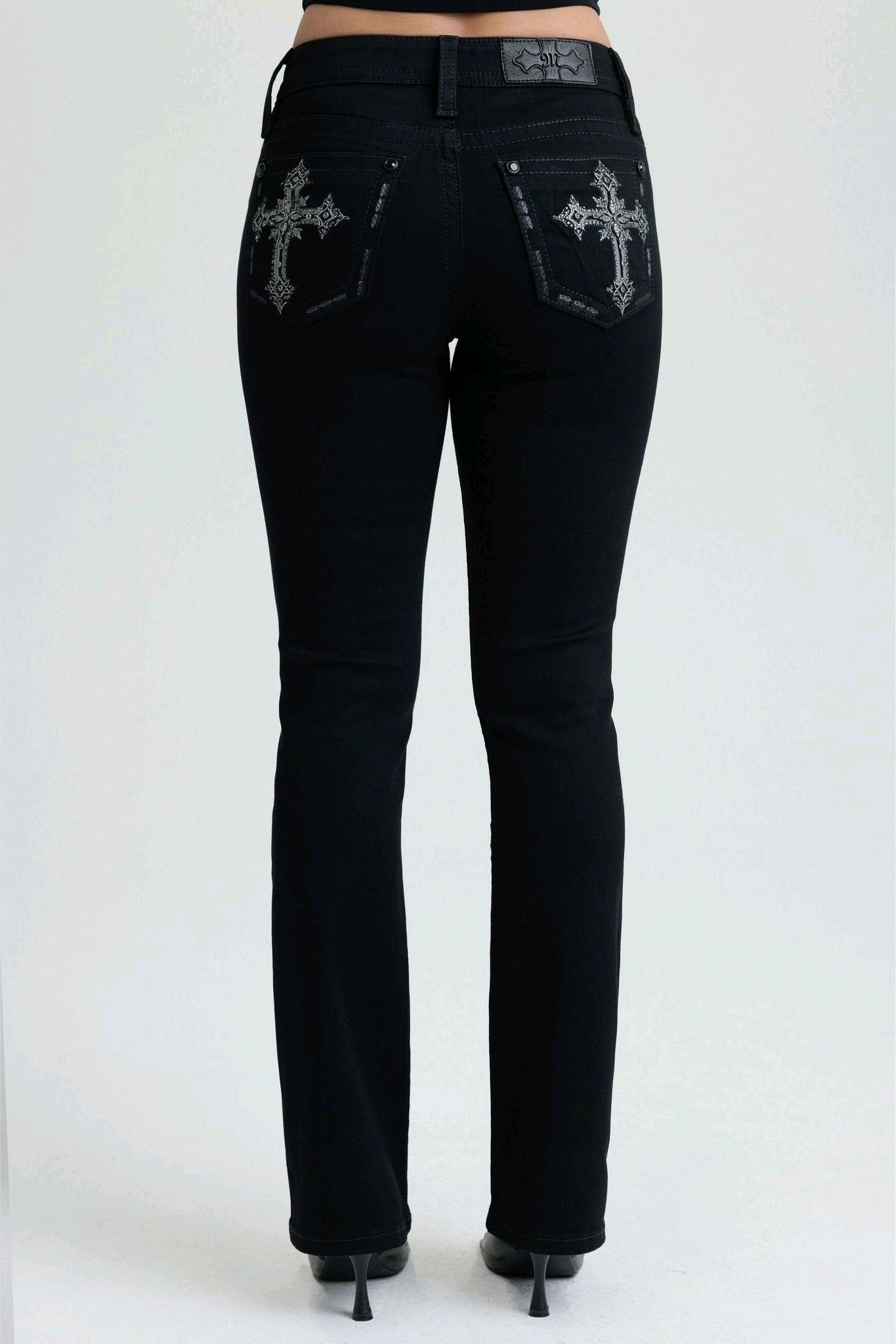 Miss Me Black Cross Mid-Rise Bootcut Jeans 30"