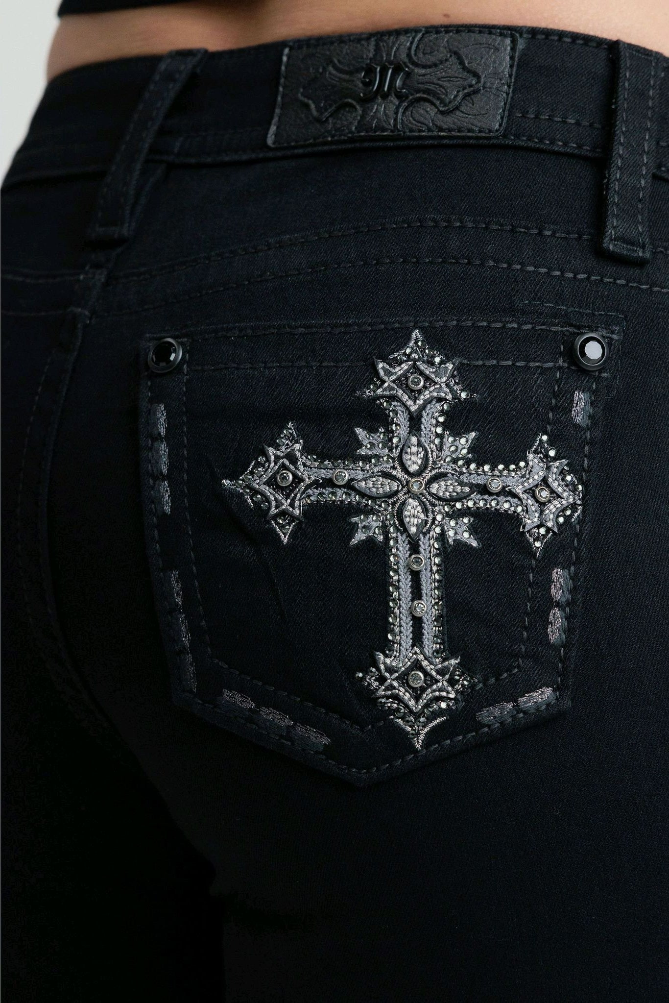 Miss Me Black Cross Mid-Rise Bootcut Jeans 30"
