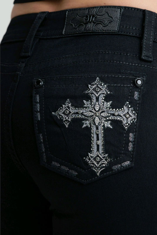 Miss Me Black Cross Mid-Rise Bootcut Jeans 30"