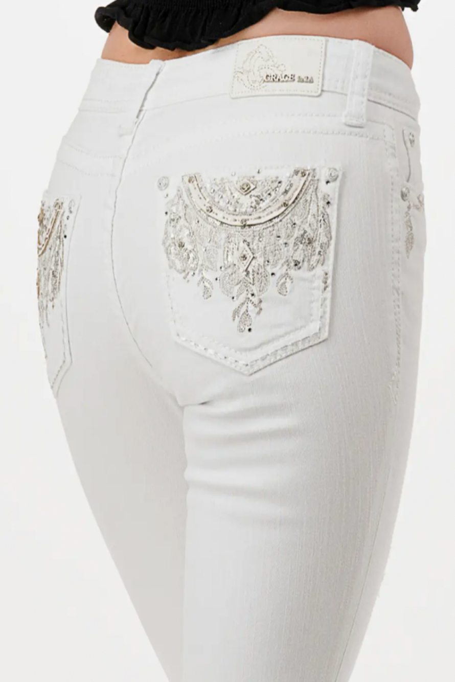 Grace In LA Aztec Mid-Rise White Bootcut Jeans 32"