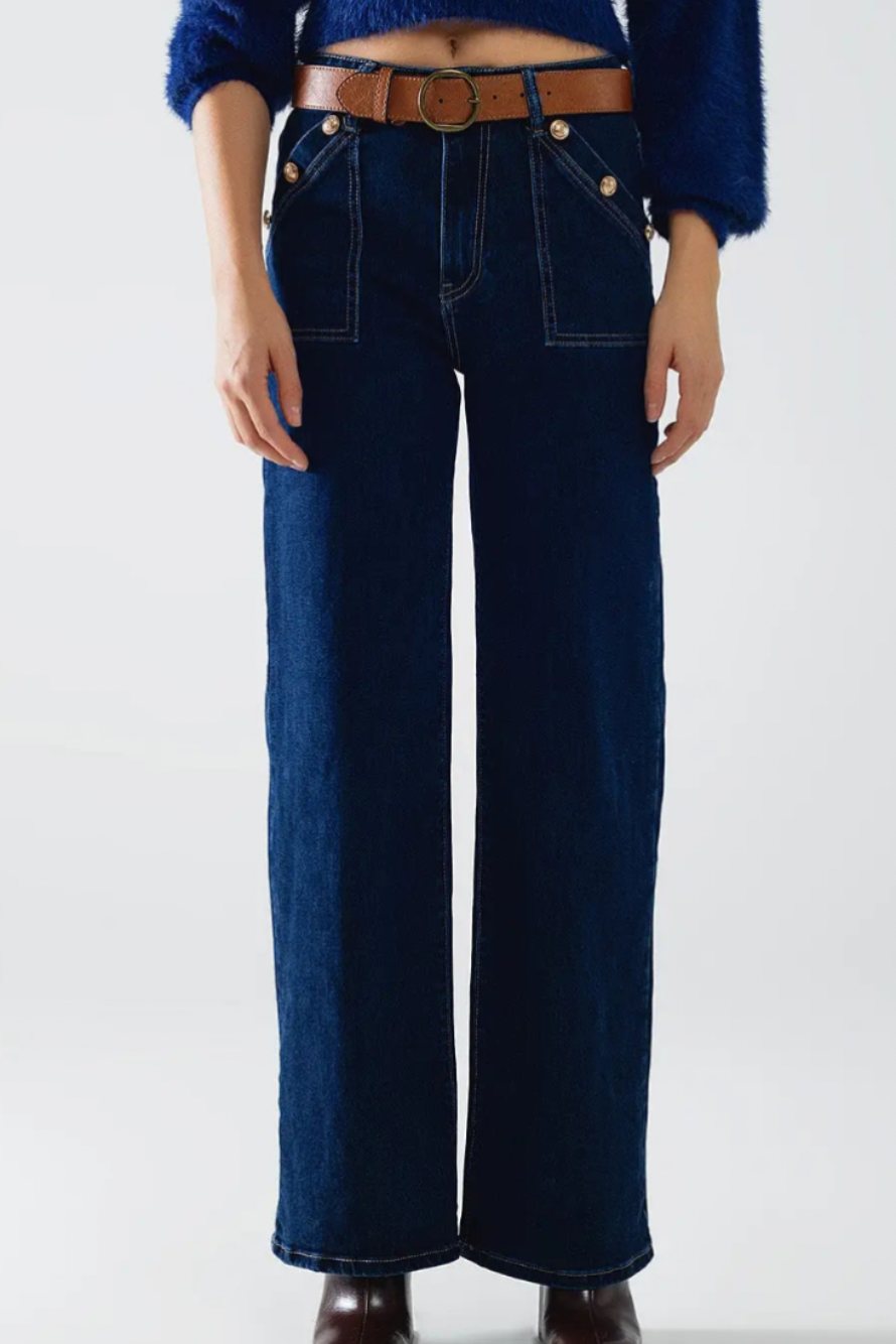 Wide Leg Jeans With 3 Button Detail