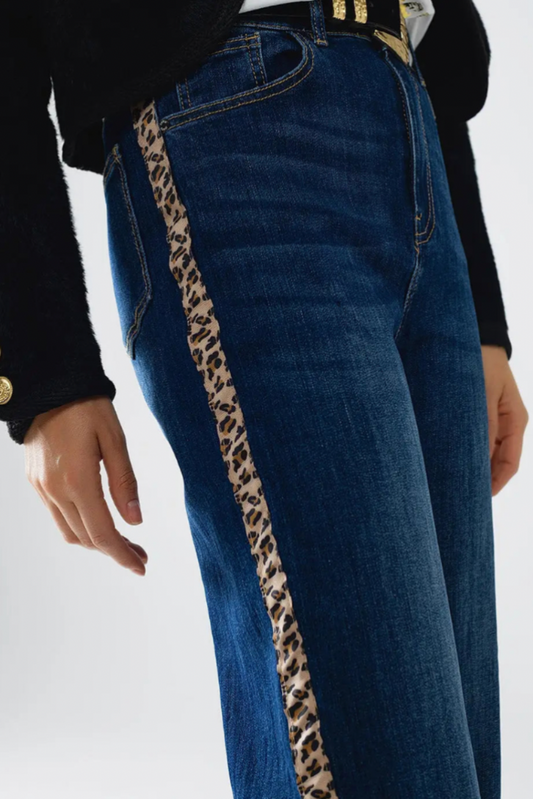 Wide Leg Jeans with Leopard Stripe On Side