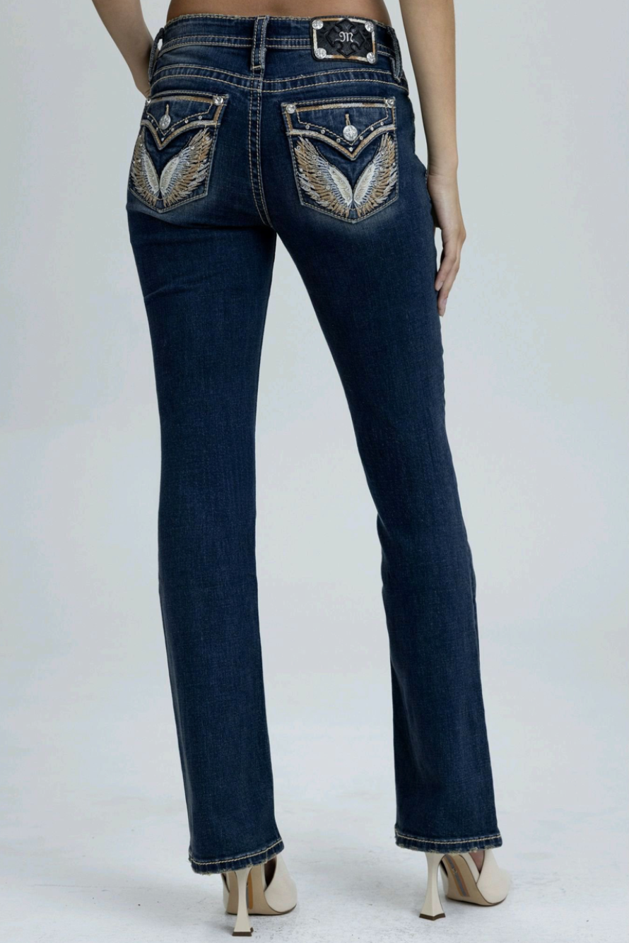 Miss Me Crystal Angel Wing Mid-Rise Boot Cut Jeans 30"