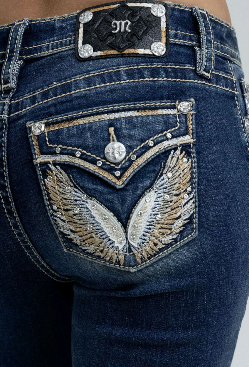 Miss Me Crystal Angel Wing Mid-Rise Boot Cut Jeans 30"