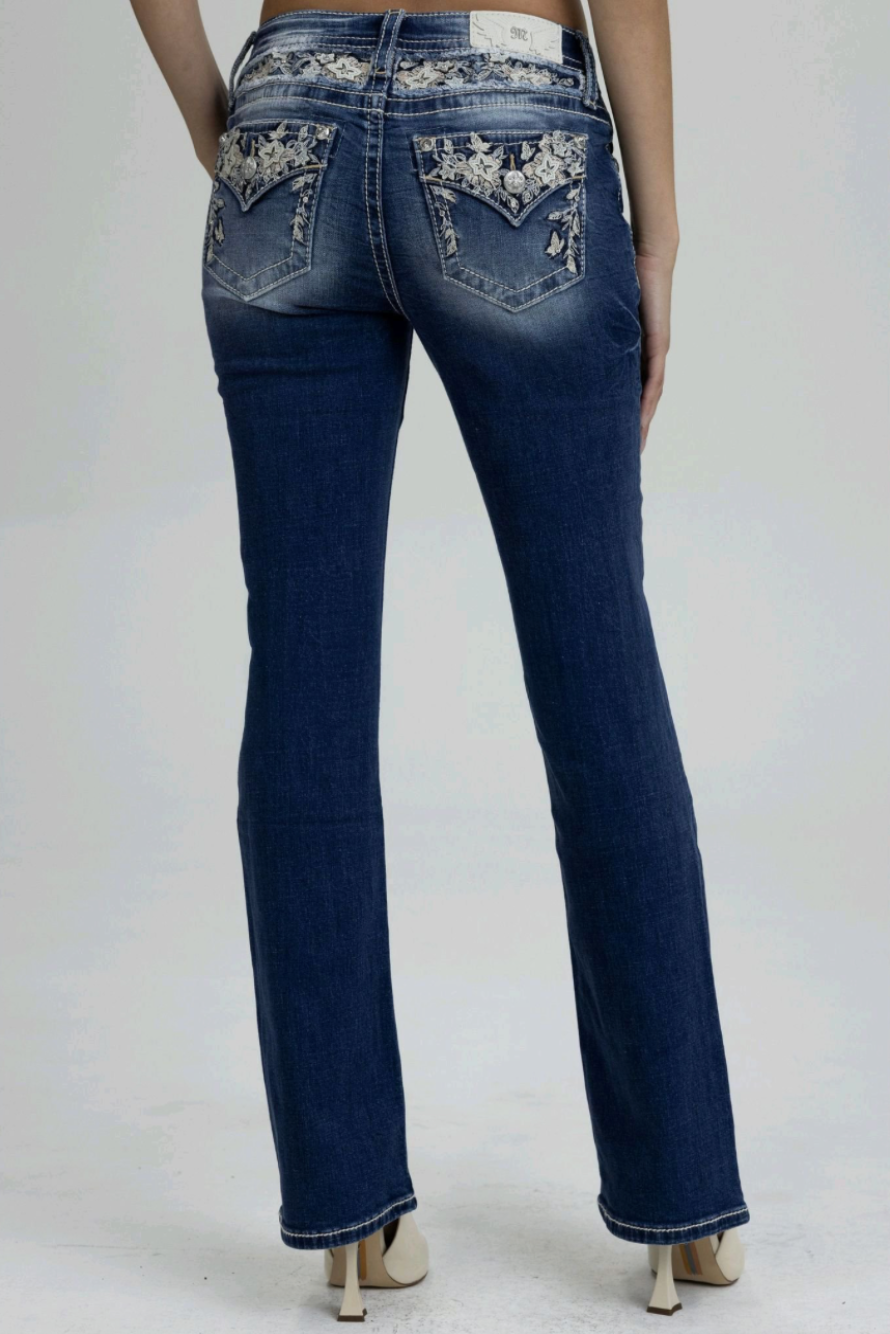 Miss Me Floral Sparkle Mid-Rise Boot Cut Jeans 30"