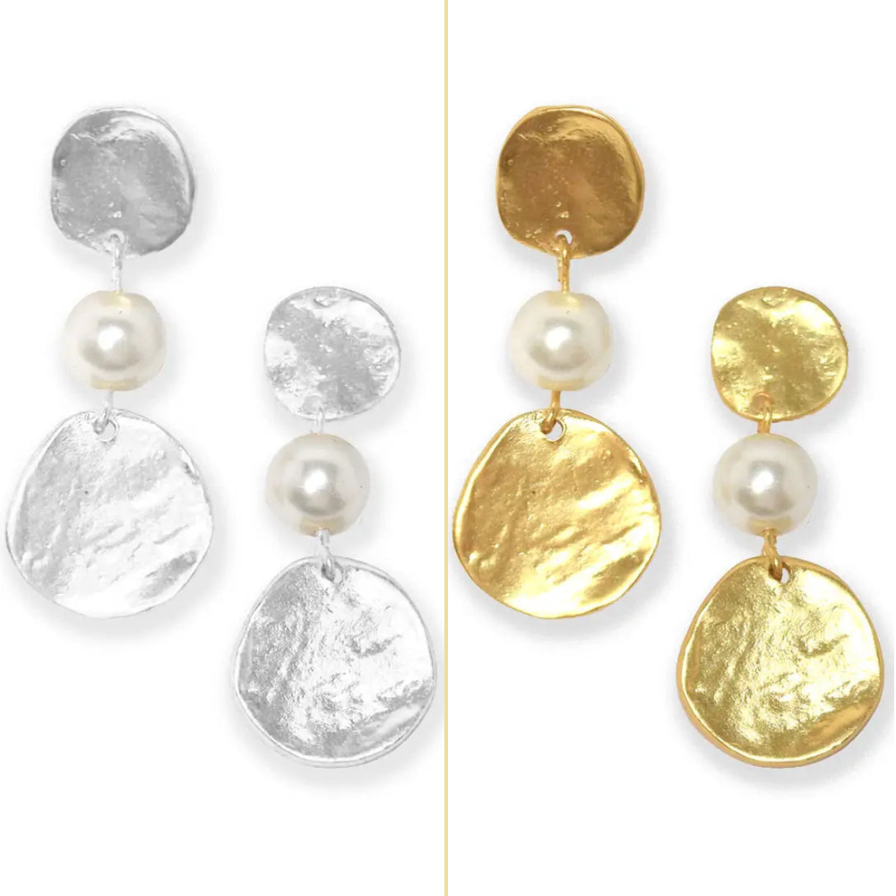 Textured Coin and Pearl Linear Drop Earring