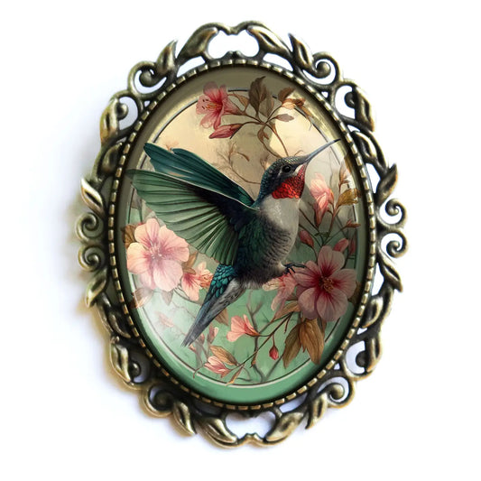 Hummingbird Art Nouveau Large Oval Brooch