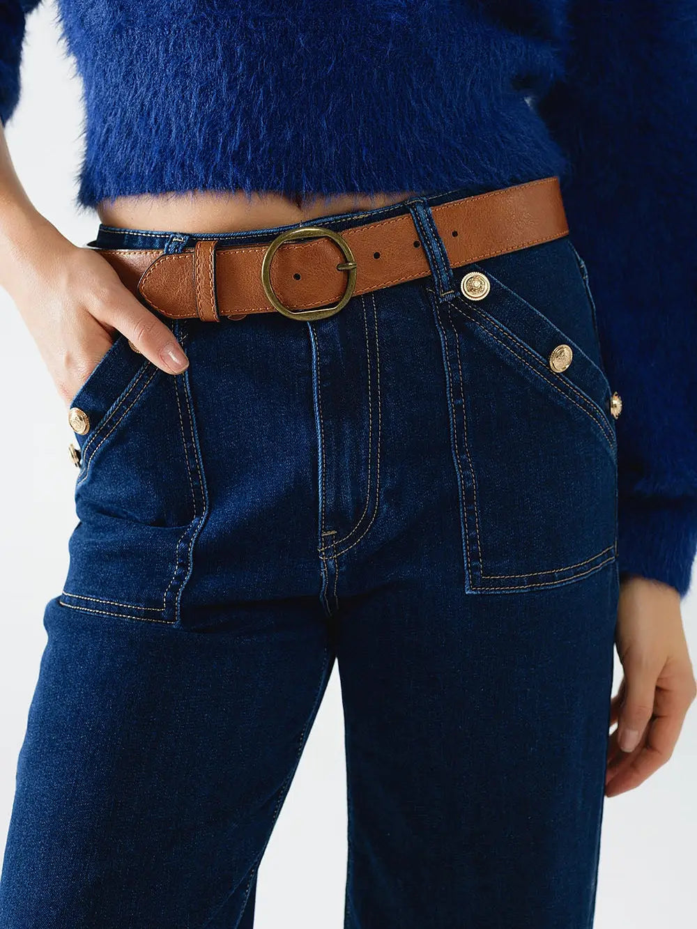 Wide Leg Jeans With 3 Button Detail
