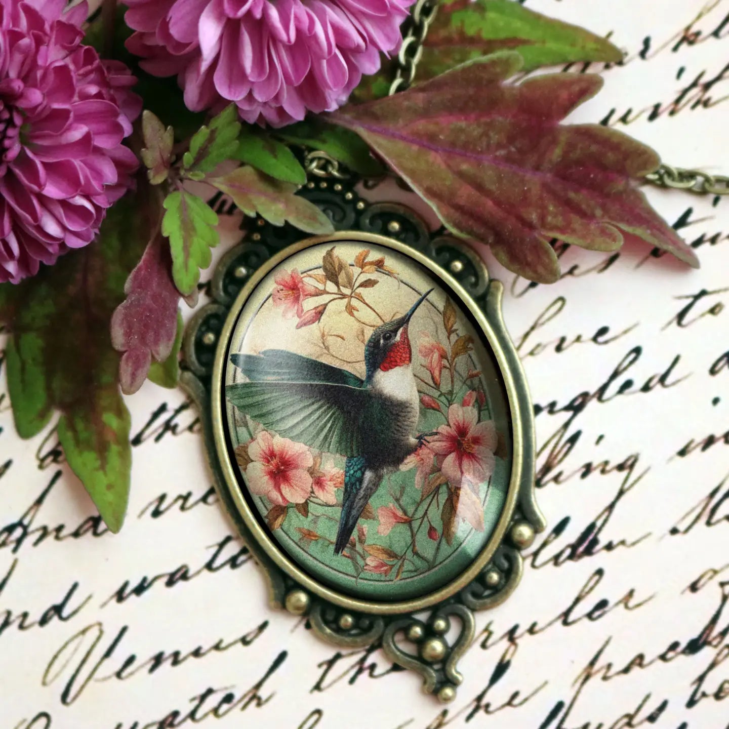 Hummingbird Art Nouveau Ornate Oval Pendant