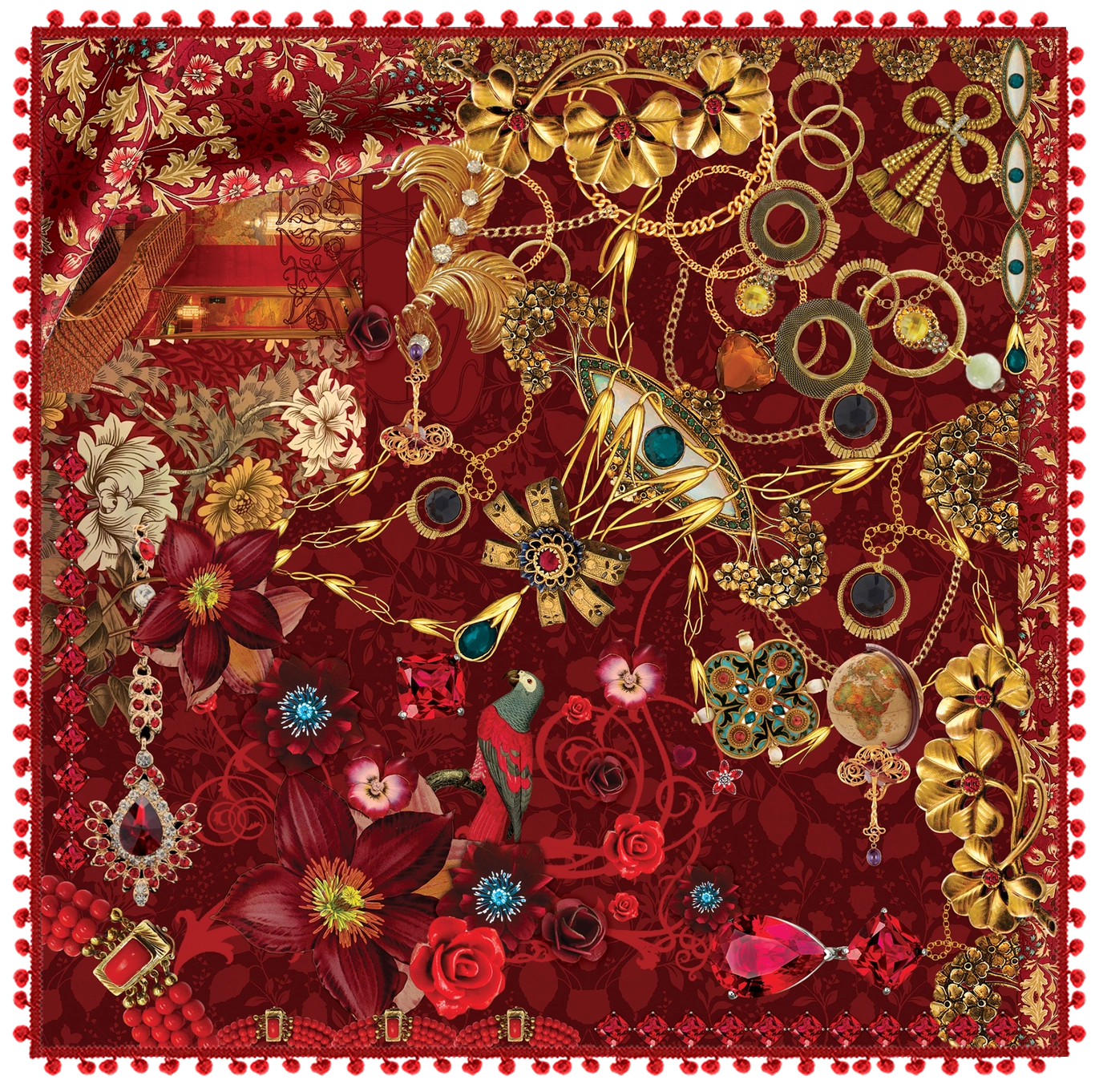 Printed Wool Square with Tassels 130x130cm Lalique