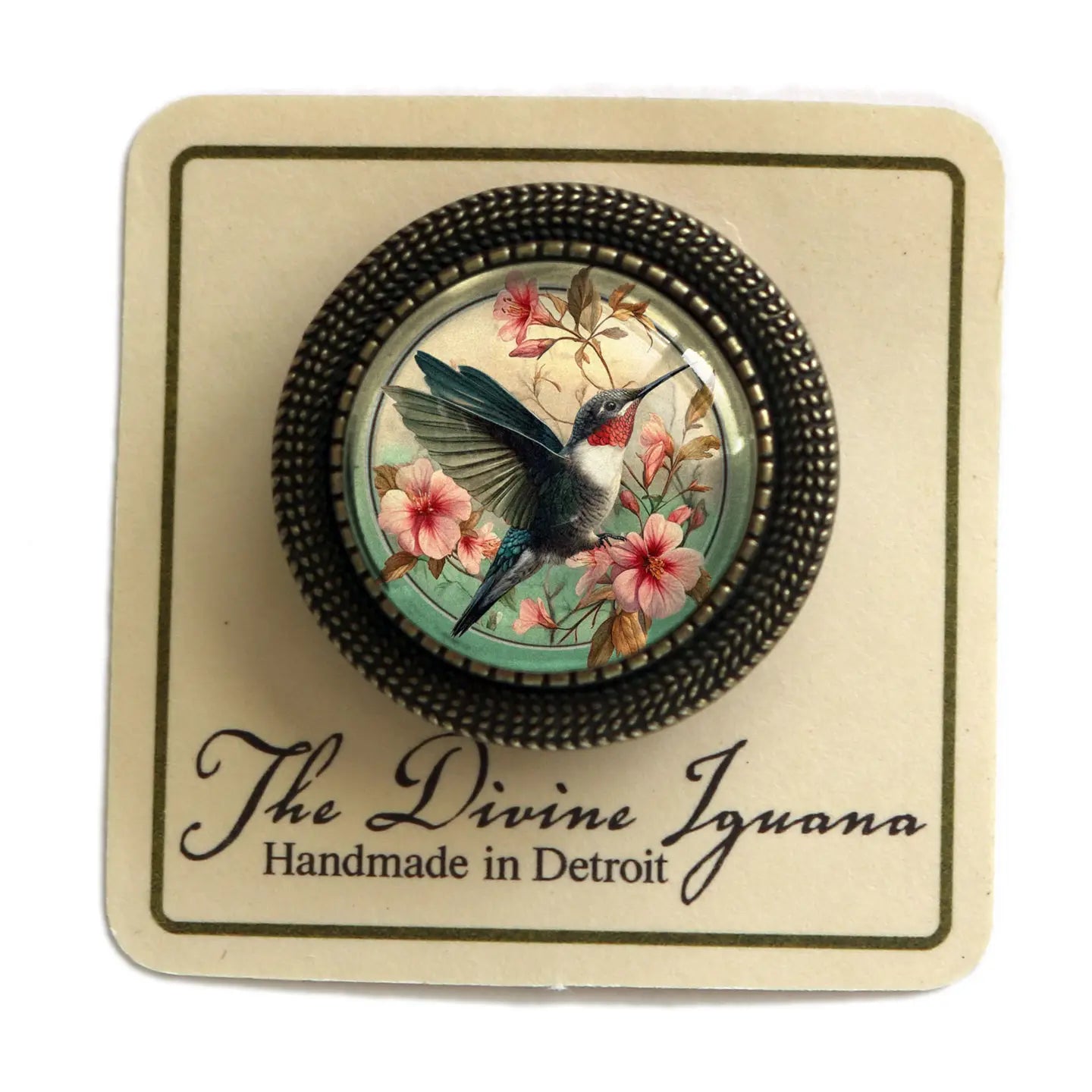 Hummingbird Art Nouveau Glass Cabochon Brooch