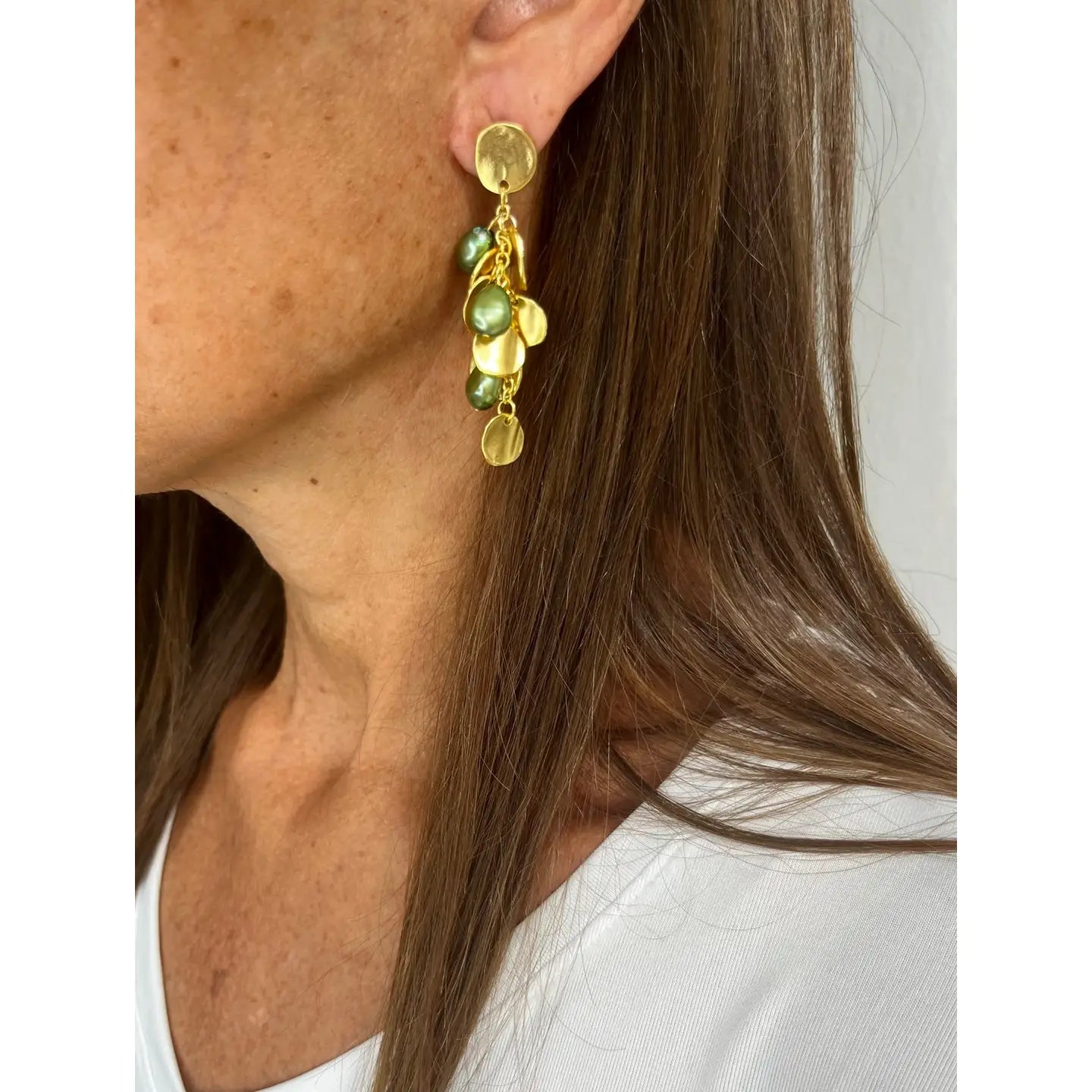 Chic Coin & Green Pearl Chandelier Drop Earrings