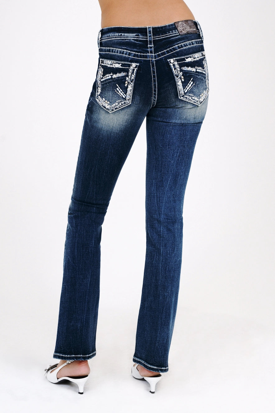 Grace In LA Heavy Stitch Embroidery Mid-Rise Boot Cut Jeans 30"