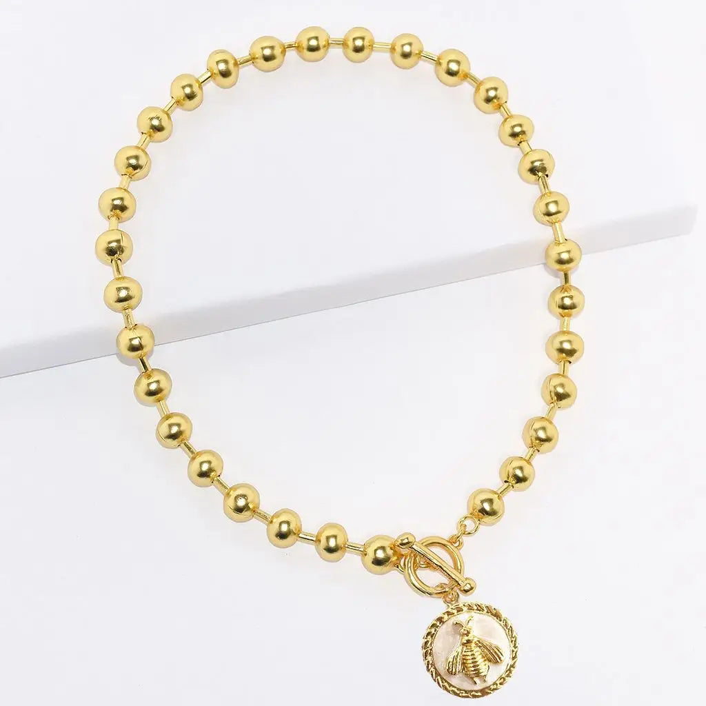 Ball Chain Necklace with Bee Pendant - Gold
