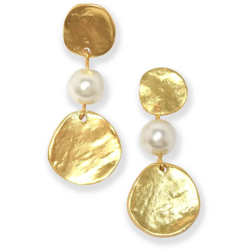 Textured Coin and Pearl Linear Drop Earring