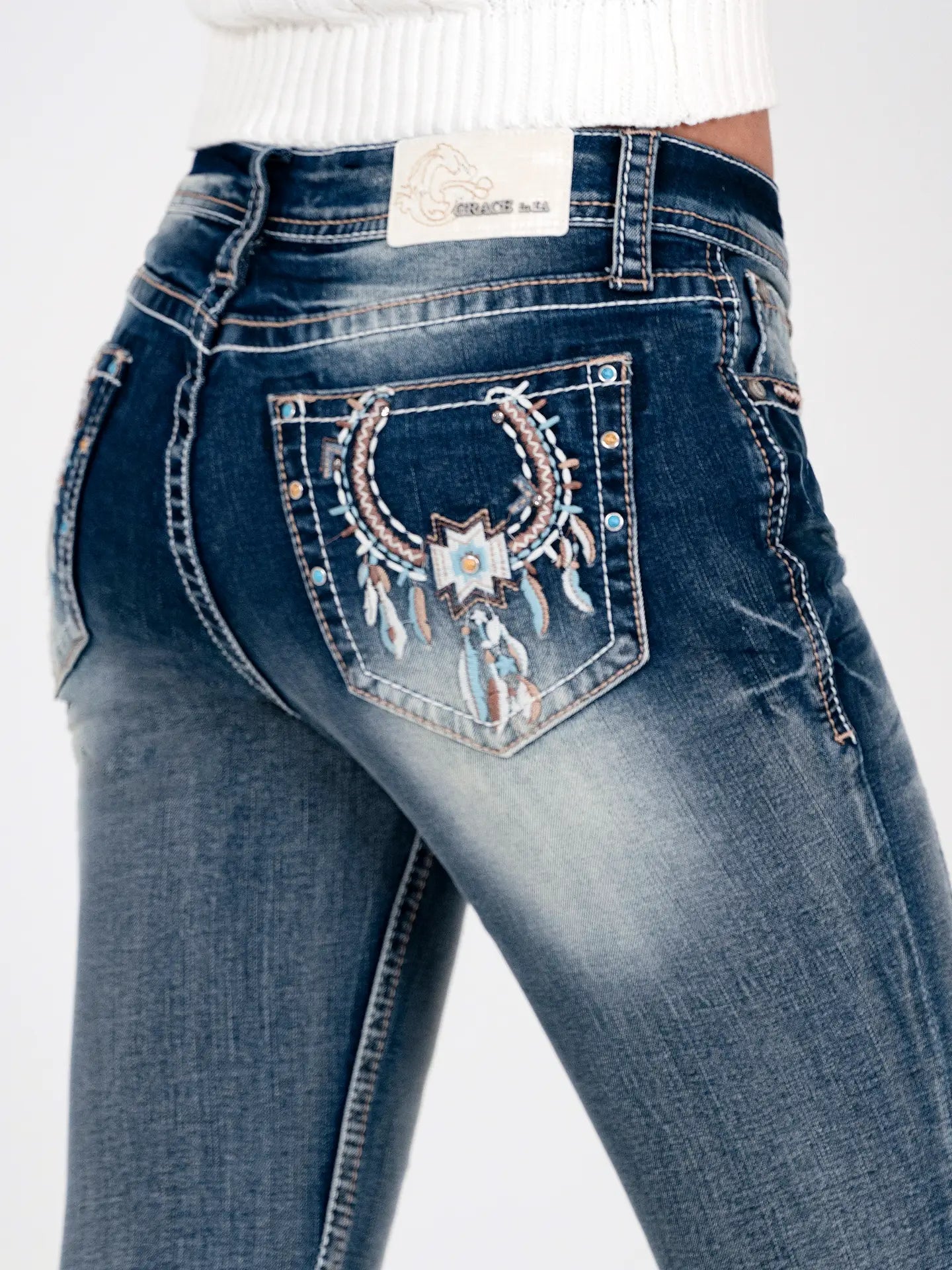 Grace In LA Dream Catcher Mid-Rise Boot Cut Jeans 32"
