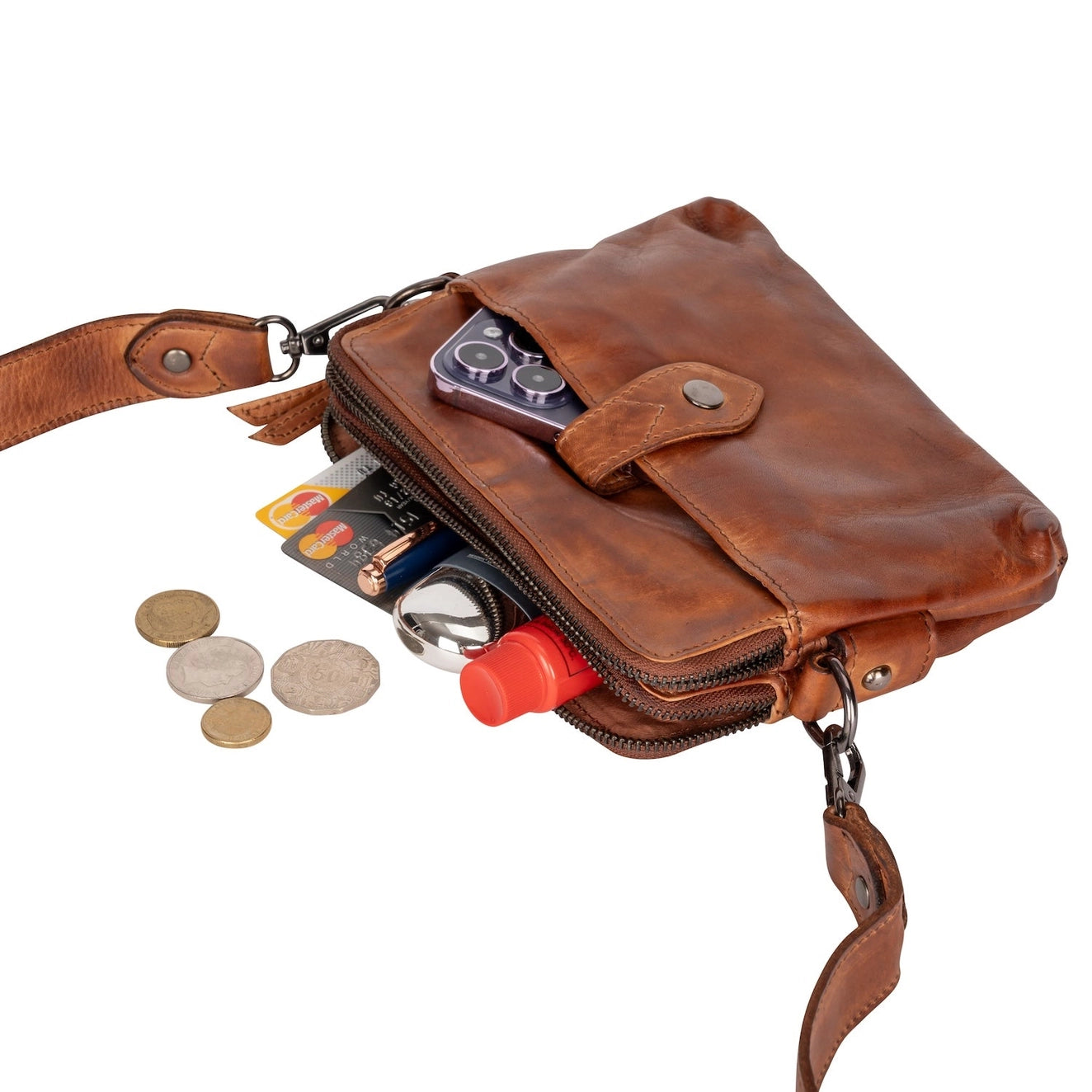 The Elena - Women's Cognac Washed Leather Crossbody Bag